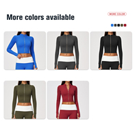 Veste courte OEM personnalisée en coton biologique pour femme, à col montant, fermeture éclair intégrale, avec passe-pouces, très extensible, pour le yoga, l'entraînement et le fitness, fabrication usine