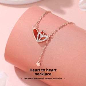 Collana da Donna S925 con Ciondolo a Cuore Trendy, Agata Rossa e Nappe, Catena a Maglie Placcata Argento/Oro Rosa, Stile Bambù, Anniversario Autunno/Inverno - Product Image 1