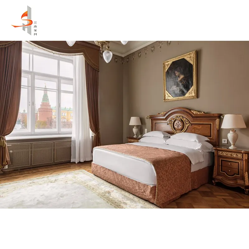 Yüksek kaliteli klasik kraliyet antika çift kişilik yatak ahşap yatak Modern tasarım yatak odası mobilyası otel yatak setleri