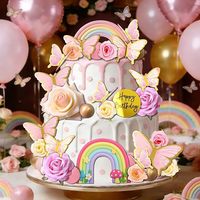 Schmetterling-Rosen-Geburtstagstorten-Deko-Set, Happy Birthday Regenbogen-Blumen-Tortendekoration, Rosa Party-Zubehör, Kuchen-Dekoration