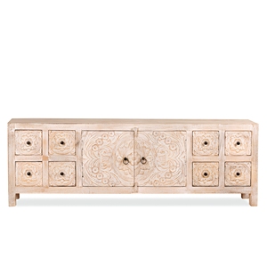 Mueble Bajo de Madera Maciza Blanqueada Tallado a Mano, Gabinete de Almacenamiento Decorativo Rústico, Consola Multimedia Boho para Sala de Estar - Product Image 1
