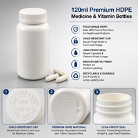 Bouteille de rangement pour pilules en plastique anti-enfants, 120 ml, cylindrique, blanche, naturelle, avec logo personnalisé, emballage de qualité alimentaire, vente en gros