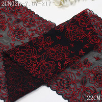 Vente en gros de dentelle extensible noire de 22 cm avec des fleurs rouges, tissu en maille élastique écologique pour sous-vêtements et lingerie féminine