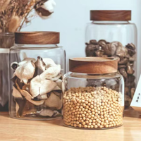 Bocaux de conservation en verre borosilicate avec couvercles en silicone de qualité alimentaire en bois d'acacia, contenants hermétiques faits à la main pour aliments secs et céréales, portables