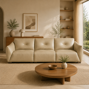 <span class=keywords><strong>Canapé</strong></span> <span class=keywords><strong>en</strong></span> <span class=keywords><strong>cuir</strong></span> <span class=keywords><strong>beige</strong></span> moderne avec dossier capitonné et accoudoirs incurvés pour salon - Product Image 1