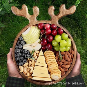 Stars Christmas Antler <b>Tray</b> Wooden Serving Plate With Handle For <b>Snacks</b> Fruits Desserts Party Use - Product Image 1
