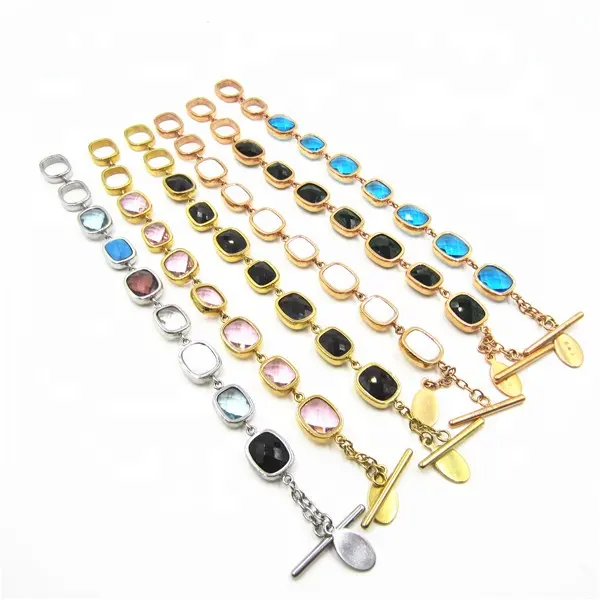 Pulseras de ópalo de acero inoxidable chapado en oro con piedras de cristal rosa, accesorios para mujer, precio fijo, venta al por mayor, china