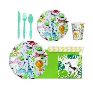 PARTYBUS Hot Sale Wild Animal World Paper Plates, Cups, Napkins Disposable Dinnerware Sets For Children