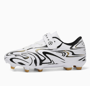 Custom Kids Football Cleats Velcro Soccer Shoes Breathable Anti Slip Training <b>Boots</b> White Black Gold Pattern - Product Image 1