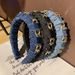 Domoho Fabriek Groothandel Creatieve Nieuwe Verdikte Denim Hoofdband Effen Kleur Spons Kronkelende Haarband Stof Materiaal