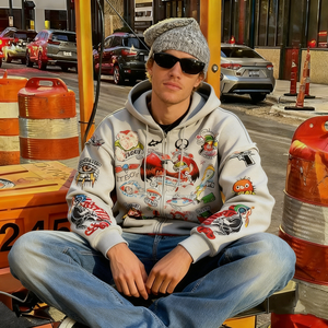 Sweat à capuche zippé pour homme en coton côtelé à ourlet court, style Y2K, avec impression graphique personnalisée - Product Image 3