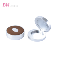 Boîtier de poudre compacte argent mat, diamètre 44 mm, plateau intérieur rond, magnétique, portable, emballage de poudre compacte pour blush avec plaque en cuir
