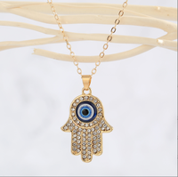 Pendentif Hasma Fatima mains plaqué or et argent Collier en cristal pour femme, bleu turc, mauvais œil
