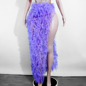 Vestido de mujer morado de calidad premium para Drag Queen, sexy, de malla transparente con purpurina, corsé de encaje, con abertura alta, para baile, ropa de escenario, fiesta en discoteca - Product Image 6