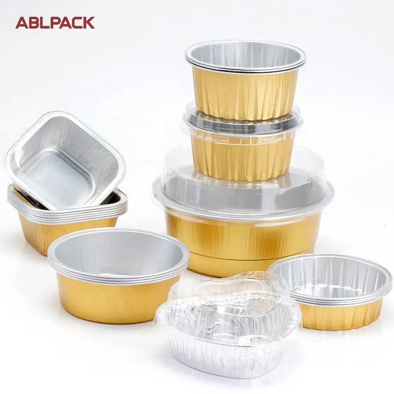 Ablpack Bakvorm Afhaalvoedselpakket Goudkleurige Gladde Wand Wegwerp Aluminiumfolie Containers Met Deksels