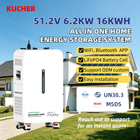 Système de stockage d'énergie domestique hybride KUCHER 51,2 V 16 kWh 6,2 kW LiFePO4 tout-en-un, station d'énergie solaire avec surveillance par application CAN, IP41