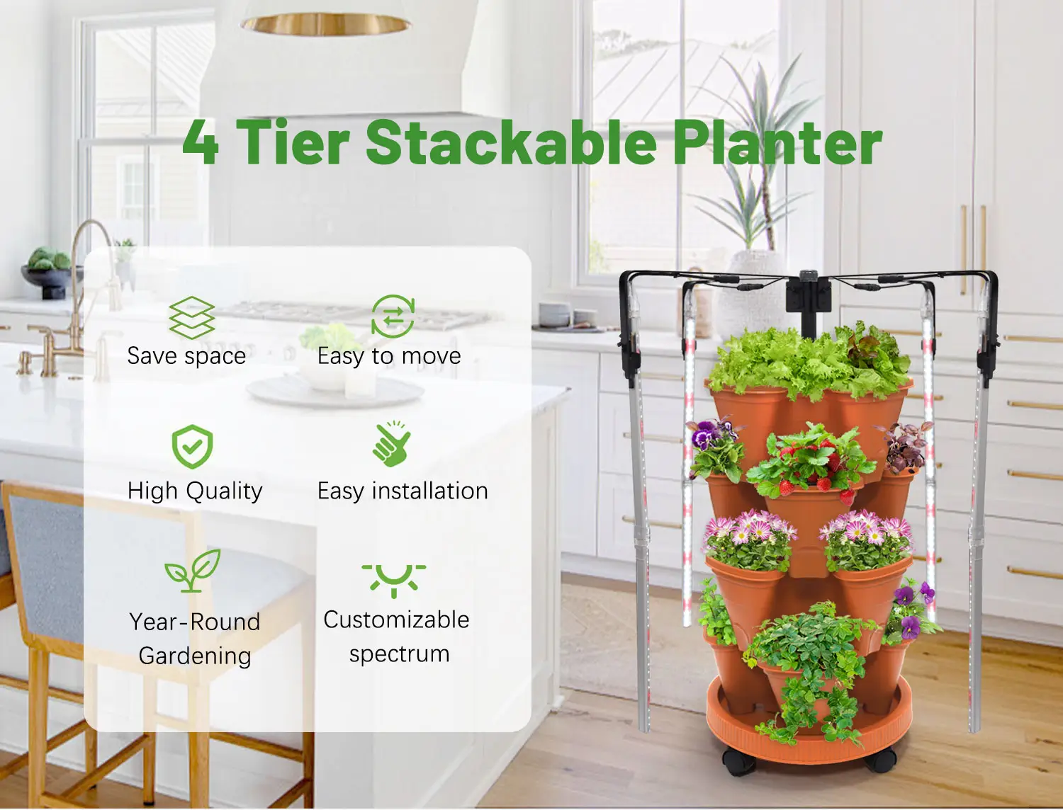 Vertical Gardening Strawberry Growing System Jardin Greenhouse Indoor Stackable Tower Planter Pot Kit With Led Grow Lights