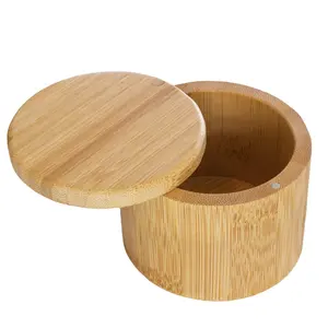 Hot Sell Wooden Round Box Bamboo Salt Cellar Bamboo Storage Box With Magnetic Swivel Lid Bamboo Wood Slat Box 6 Ounce Capacity