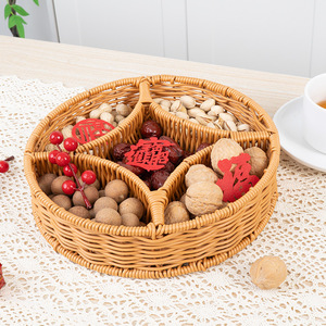 Panier de rangement en rotin rond marron compartimenté, plateau à fruits et en-cas, organisateur pour table basse de salon domestique - Product Image 5