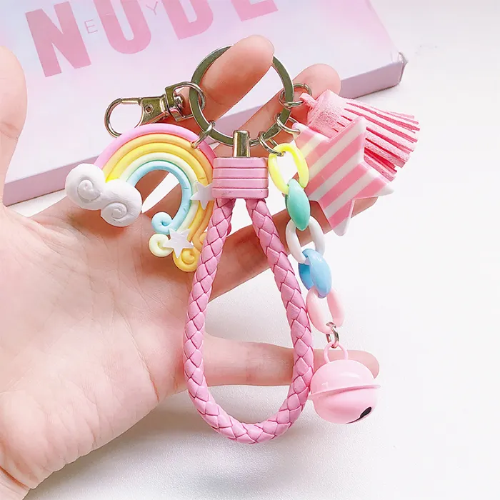 Lovely Cute Rainbow Key Chain Leather Strap Braided Rope Tassel Keychain for Women Girl Bell Star Lollipop Bag Charms Pendant