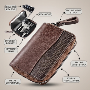 WRIZA Porte-clés en cuir véritable avec fermeture éclair, design à panneaux, étui portable pour clés de voiture pour hommes, étui à clés de voiture en cuir - Product Image 4