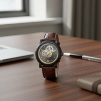 Montre automatique personnalisée OEM 2026 Virtue pour hommes, certifiée CE, bracelet en cuir, boîtier en alliage, mouvement mécanique, étanche