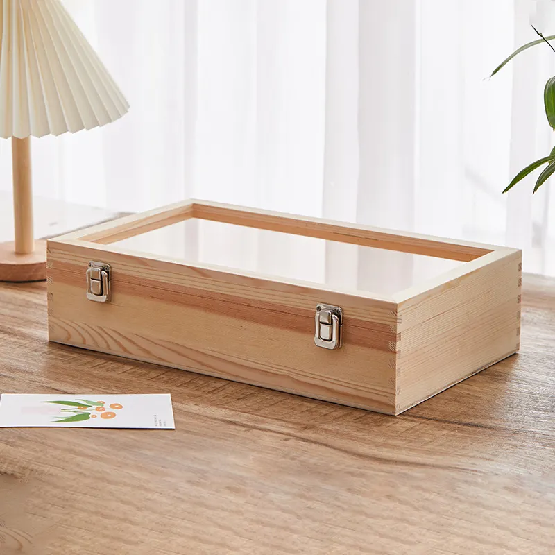 Caixa de madeira barata personalizada, tamanho personalizado acrílico transparente tampa de pinha caixa de presente exibição caixa de chá de madeira