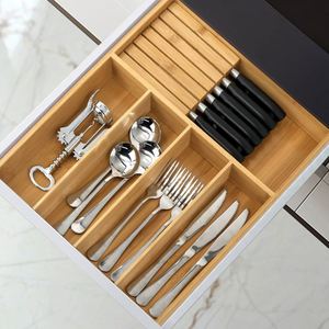 Organizador de cubiertos de bambú para cocina, bandeja de bambú para cubiertos con bloque de cuchillos extraíble - Product Image 6