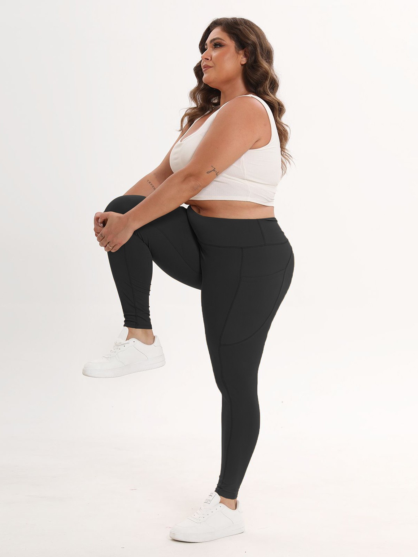 Plus Size High-Waist Yoga Leggings Four-Way Stretch Solid Fitness Tights Butt-Lifting Compression Pants Workout Running Exercise
