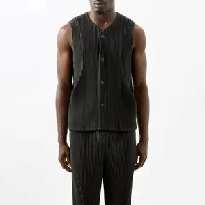 Man Pleated Shirt Sleeveless Solid Men's Casual Singlets Button For Summer Fashion Vest Aesthetic Clothing Mens Tank Tops