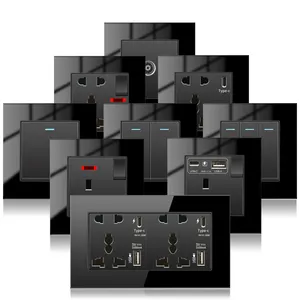 Anh 13A tường chuyển đổi ánh sáng, màu đen phổ USB Type-C 18W thông minh sạc nhanh ổ cắm điện cắm, thủy tinh chuyển đổi ổ cắm điện