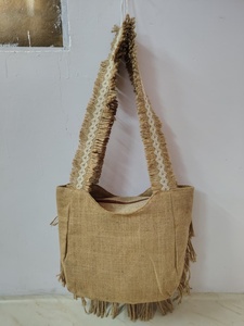 Sac fourre-tout bohème en jute avec broderie, motif géométrique, bandoulière à franges, sac à main décontracté pour femme, usage quotidien, fait main, tendance - Product Image 2