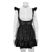 Contraste de couleur deux pièces tenues chemise blanche à manches longues et cuir PU noir débardeur robes femmes vêtements de mode d'été