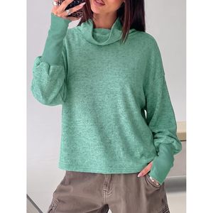 Custom Womens Mock Neck Cropped Pullover Long Sleeve Sweatshirt Cowl Neck Boxy Fit Thumbholes Side Slits <b>Balloon</b> Sleeve - Product Image 2