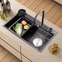 Évier de cuisine multifonctionnel en acier inoxydable avec robinet à affichage numérique et accessoires