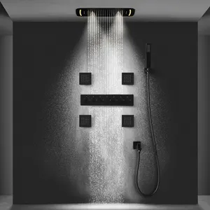 710*430 Mm Plafond Verborgen Gemonteerd Waterval Regenval Mist Water Kolom Led Douche Set Thermostatische Matte Zwarte Douche