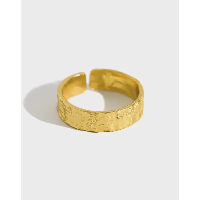 Широкотекстурное регулируемое кольцо из серебра 925 пробы, популярное позолоченное Открытое кольцо из фольги 18 карат