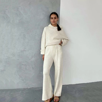 2023 nouveautés vêtements d'hiver pour femmes coton élégant deux pièces ensemble pull à capuche et pantalon à jambes larges costume tricoté