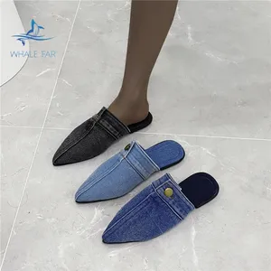 Ready to ship high fashion boutique trendy denim jean women ladies flat slippers pointy shoes