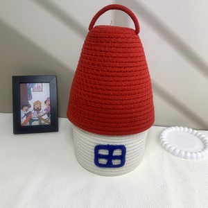 Cotton Woven Basket House Shape With Lid Desktop Storage White Red Roof Covered Standing Type - Product Image 1