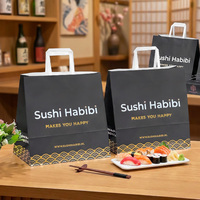 Sacs en papier kraft noir recyclables pour restaurant, vente en gros, logo personnalisé, emballage alimentaire à emporter pour sushis, sacs de shopping à poignée plate