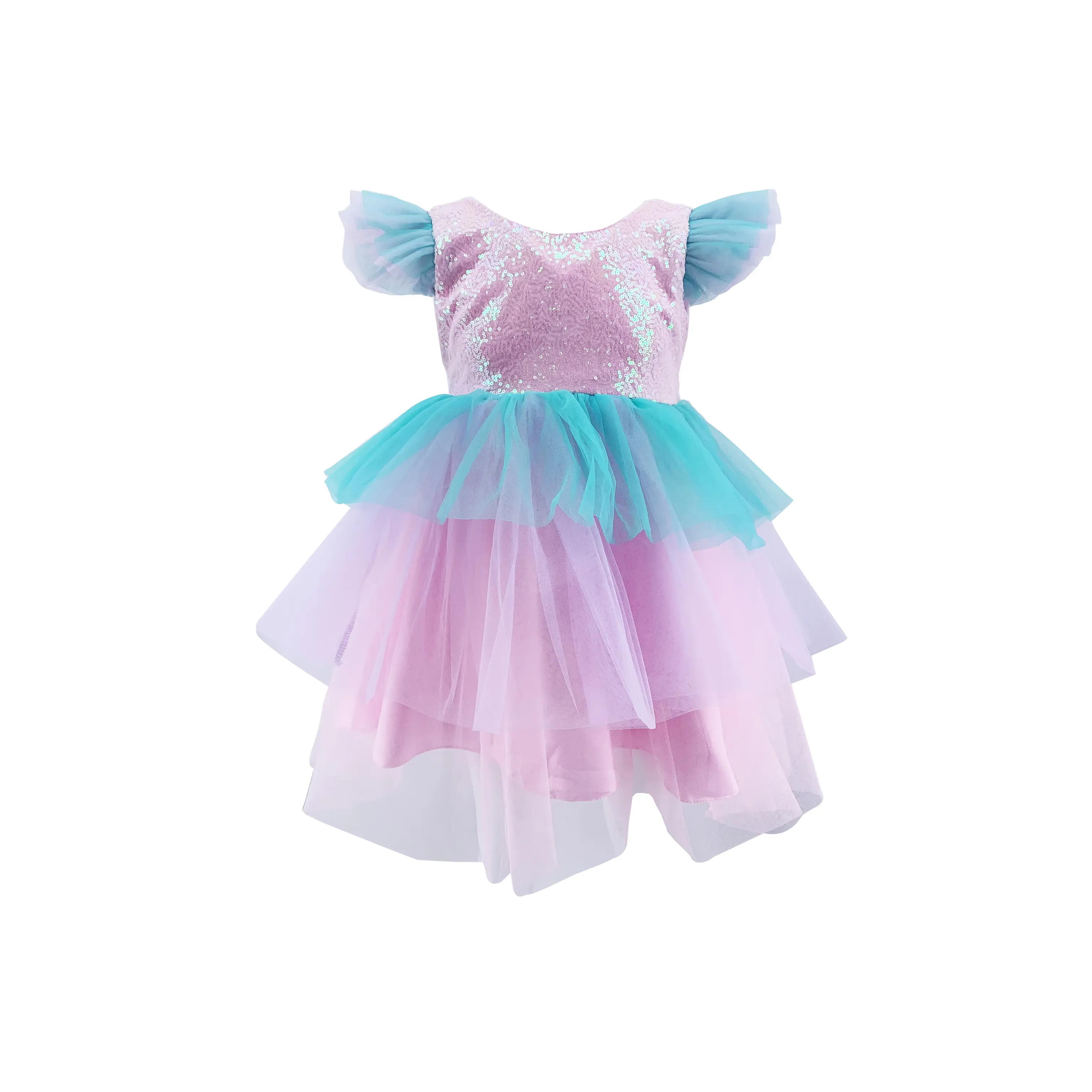 Kid Ball Gown Colorful Sequins Puff Sleeve Blue Pink Layered Dress For Birthday Party Flower Girl Princess Dresses