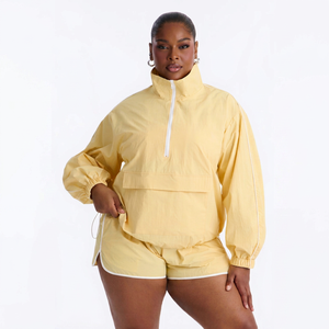 Ensemble coupe-vent colorblock pour femmes, sweat à capuche et short, vêtements de sport légers à fermeture éclair, survêtement 2 pièces, décontracté, pour la course à pied, la gym, le fitness - Product Image 1