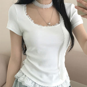 Camiseta de punto con ribete de encaje para mujer, cuello redondo, manga corta, diseño de bufanda, informal, para verano, a la moda - Product Image 4