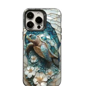 Coque de téléphone en verre teinté avec <span class=keywords><strong>tortue</strong></span> marine et fleurs pour iPhone 16/15/14/13/12 Pro Max, coque antichoc en TPU, esthétique océanique, bohème - Product Image 5