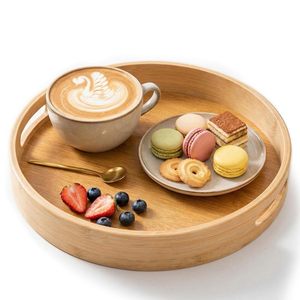 Plateau de service en bambou rond de 25 cm avec poignées pour aliments et articles divers, utilisation sur bureau - Product Image 2