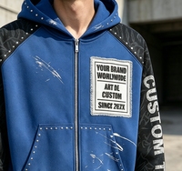 OEM Sweat à capuche zippé pour homme, délavé à l'acide, patchwork, strass, coupe oversize et carrée, broderie et imprimé graphique