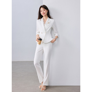 Women's Suit Set Pink Blue Three Quarter Sleeve Blazer Pants Casual Work Wear Anti Wrinkle Worsted Fabric - Product Image 2