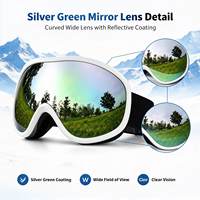 Masque de ski blanc avec monture argentée et verre miroir vert, lentille large incurvée, anti-buée, protection UV, pour snowboard, compatible avec lunettes de vue, OEM ODM