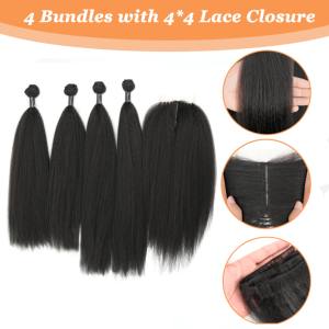 Cheveux synthétiques de haute qualité, lisses et crépus, tissage 4x4 HD, fermeture en dentelle transparente, raie au milieu, 4 paquets, trame Yaki, densité 200% - Product Image 5